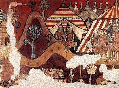 Pintura mural gótica que muestra el campamento de Jaime I durante la conquista de Mallorca.