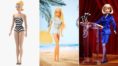De derecha a izquierda: uno de los primeros modelos de la muñeca Barbie, similar a Bild Lilli, la emblemática Barbie Malibú y una de las versiones de la Barbie presidenta de los Estados Unidos.