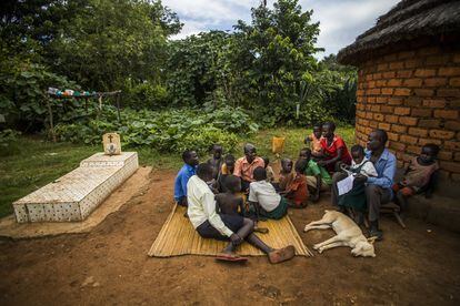 En Uganda las mujeres tienen cinco hijos de media. La madre de Denish tuvo nueve: cinco chicos y cuatro chicas. Todos viven bajo el mismo techo junto a tres primas. En total, 14 personas repartidas en seis cabañas. Quince vacas, cuatro cabras, patos, gallinas, un perro y un cachorro de gato conviven en el mismo espacio. La abuela de Denish yace bajo la tierra donde viven sus descendientes, algo habitual en comunidades rurales en Uganda, donde los muertos se entierran en casa.