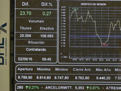 Panel informativo de la Bolsa de Madrid.