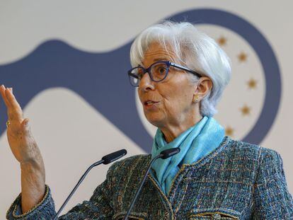 Christine Lagarde, presidenta del BCE, durante la conferencia de observadores del BCE