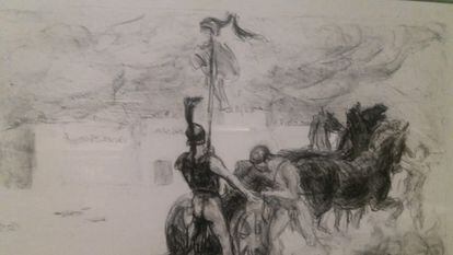 Dibujo de Aquiles arrastrando el cuerpo de Héctor en su carro, de una exposición sobre Troya en el British Museum.