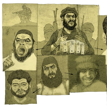Terroristes. Ilustración de Sergio Aquindo (Le Monde).