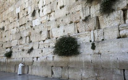 El papa Francisco reza frente al Muro de las Lamentaciones en Jerusalén. La visita del Pontífice se produce en un día simbólico para los musulmanes, ya que se conmemora el ascenso de Mahoma a los cielos que, según la tradición, se produjo desde este lugar.