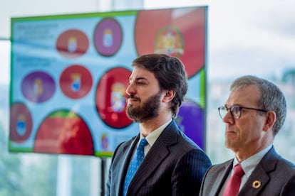 Juan García-Gallardo (izquierda), vicepresidente de la Junta de Castilla y León, y Mariano Veganzones, consejero de Industria, Comercio y Empleo, el lunes en Ávila.