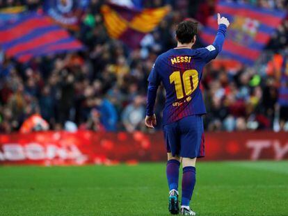 Messi celebra su gol ante el Atl&eacute;tico de Madrid en la Liga.