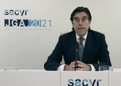El presidente de Sacyr, Manuel Manrique, durante la junta telematica de accionistas celebrada esta mañana en Madrid.
