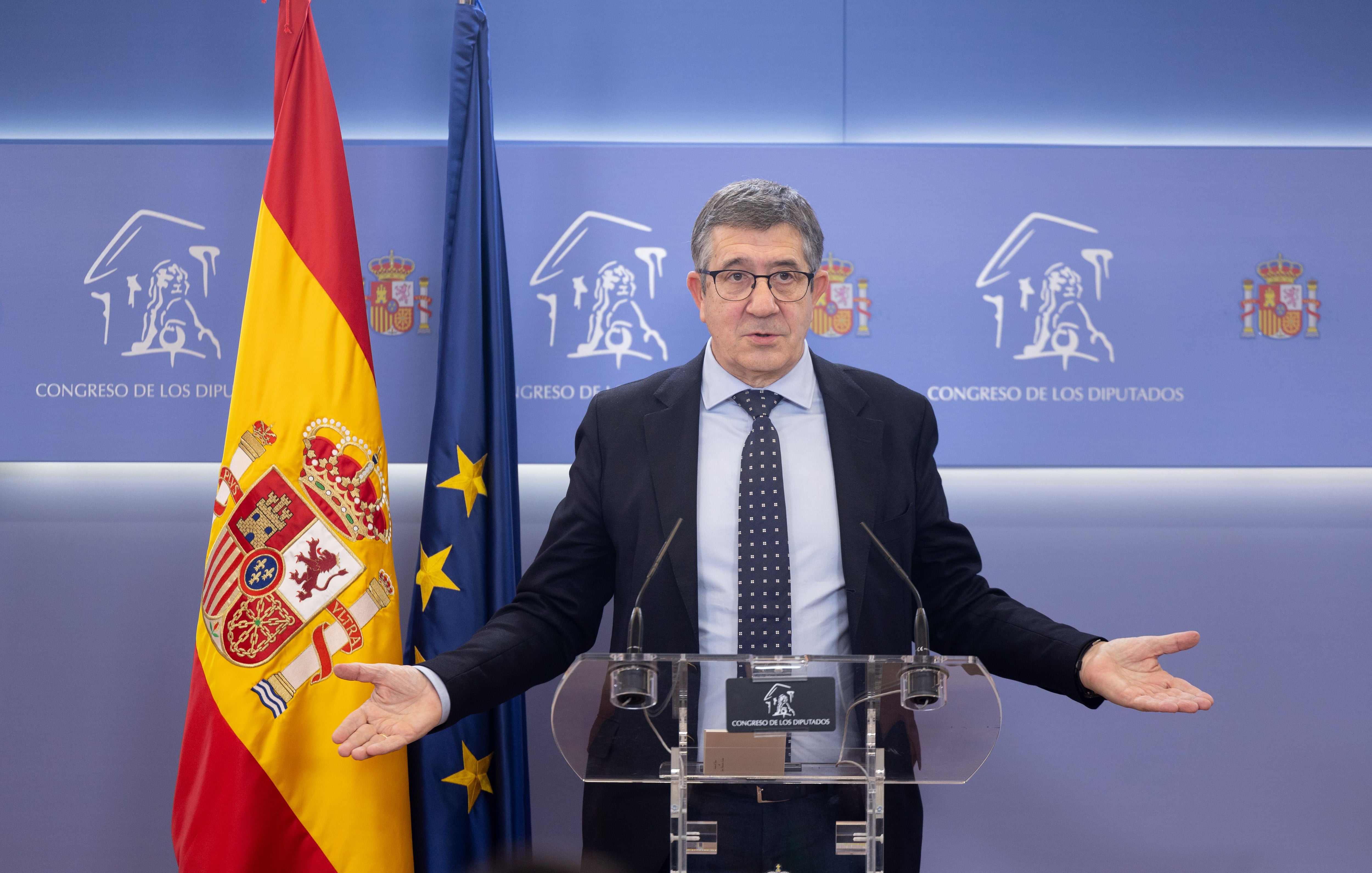 El portavoz del PSOE en el Congreso, Patxi López, durante una rueda de prensa anterior a la Junta de Portavoces, en el Congreso de los Diputados, a 19 de marzo de 2024, en Madrid (España).
19 MARZO 2024;MADRID;RUEDAS DE PRENSA;PORTAVOCES GRUPOS PARLAMENTARIOS;CONGRESO DE LOS DIPUTADOS
Eduardo Parra / Europa Press
19/03/2024