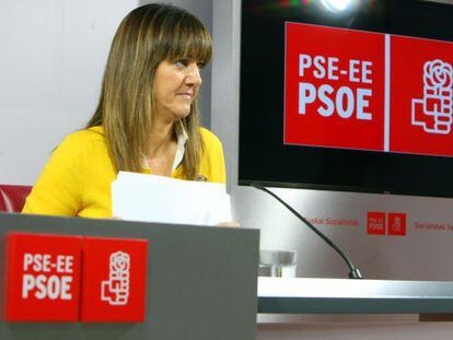 Idoia Mendia, durante su comparecencia en la sede del PSE-EE.