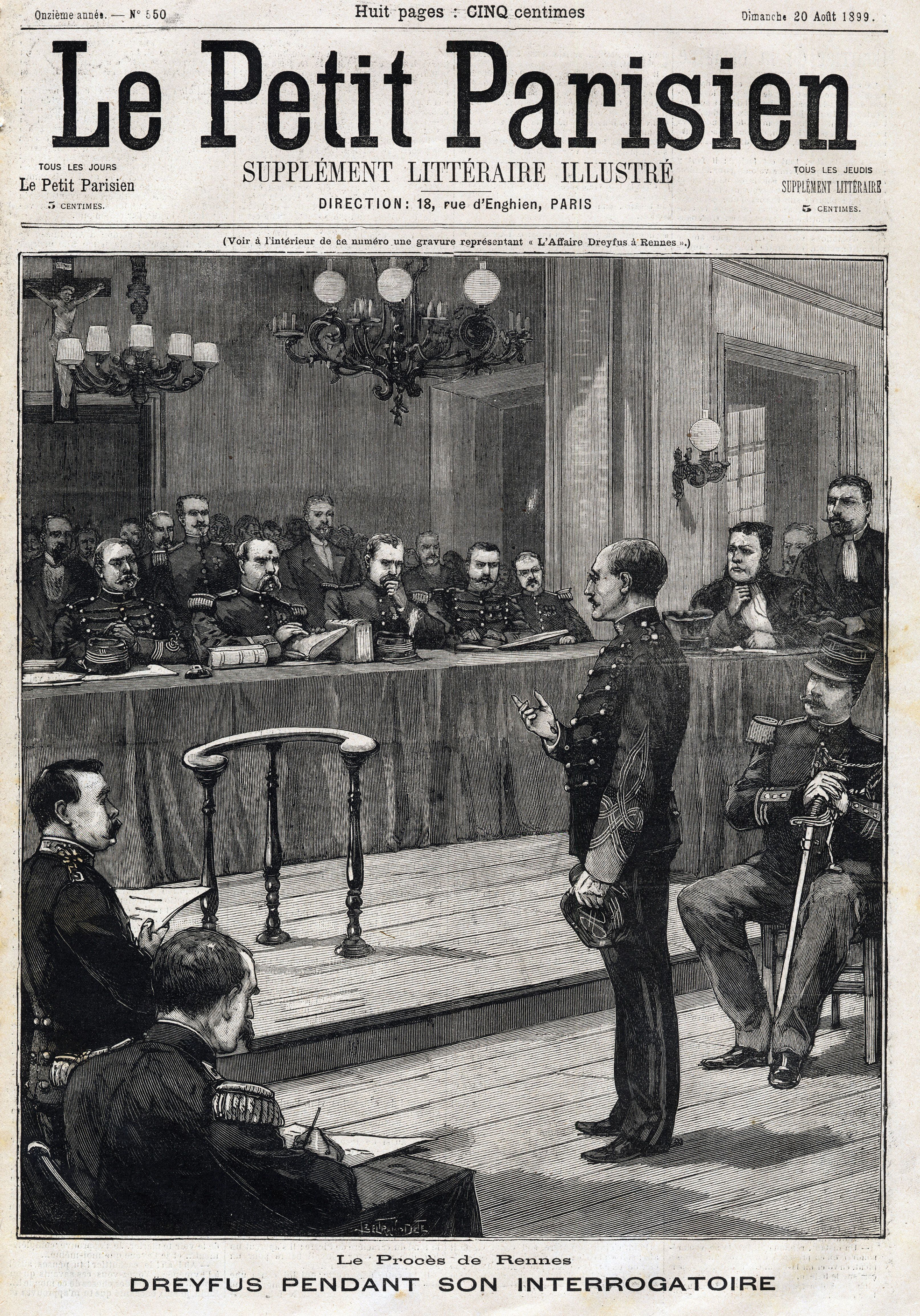 El periódico 'Le Petit Parisien' retrató en portada a Dreyfus siendo interrogado (1899).
