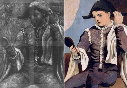 Radiografía que muestra la composición original de 'Arlequín con espejo' (izquierda) y cómo quedó el óleo.