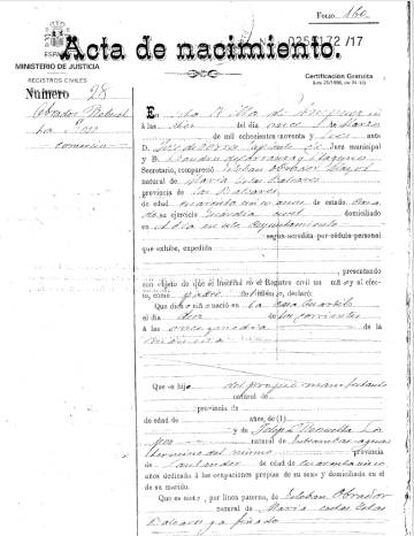 Partida de nacimiento de José Obrador, abuelo del presidente mexicano.