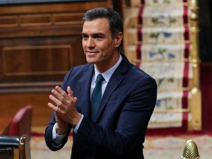 El presidente del Gobierno en funciones, Pedro Sánchez, en la segunda sesión del debate de investidura en el Congreso, el pasado 5 de enero. 