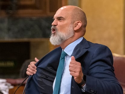 El diputado de Vox Víctor Manuel Sánchez del Real gesticula en una jornada del debate presupuestario en el Congreso.