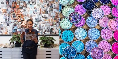 La diseñadora Roxanne Aussoulin en su estudio de Nueva York y algunos de los abalorios que utiliza en sus famosas pulseras.