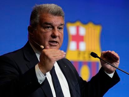 Joan Laporta, durante una rueda de prensa el 9 de febrero.