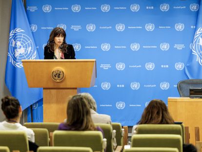 La ministra de Igualdad, Ana Redondo, este jueves en una conferencia de prensa en la sede de la ONU.