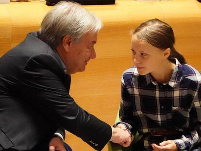 António Guterres y Greta Thunberg, este domingo en la sede de la ONU de Nueva York. En vídeo, las declaraciones del Secretario General de la ONU.