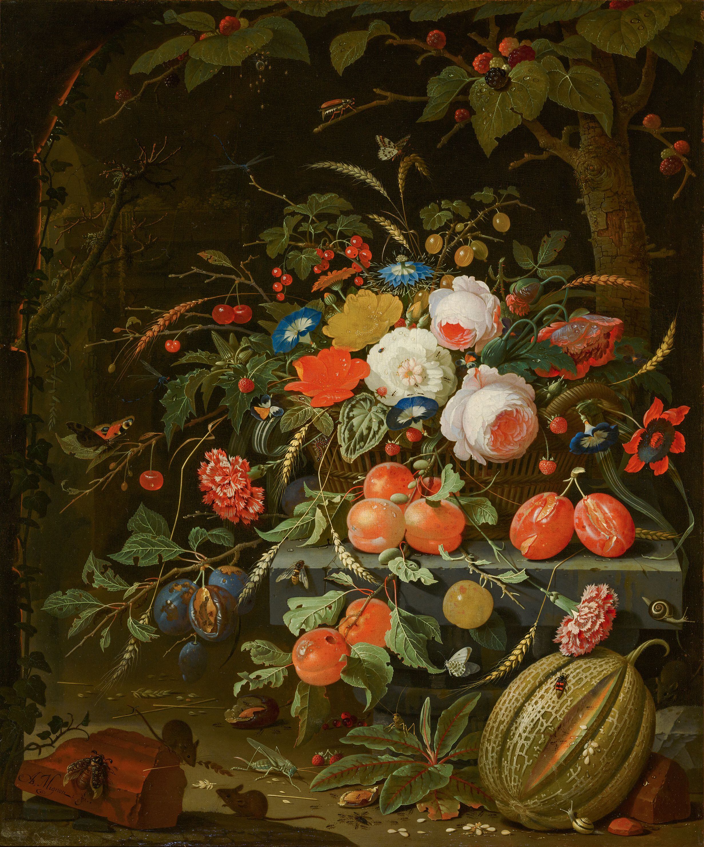 'Bodegón con flores y frutas', pintado en 1670 por Abraham Mignon.