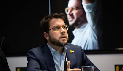 El vicepresident de la Generalitat, durant la presentació del llibre 'Pere Aragonès, l'independentisme pragmàtic'.