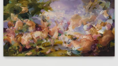 Flora Yukhnovich "Bacchanalia" (20230, óleo sobre lino, 185 x 320 cm. Cortesía de Hauser & Wirth y la artista.