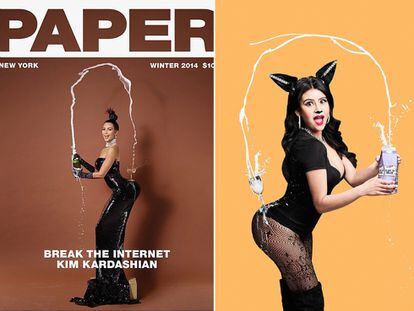 La portada de 'Paper' protagonizada por Kim Kardashian en 2014. A la derecha, la imitación en el musical.