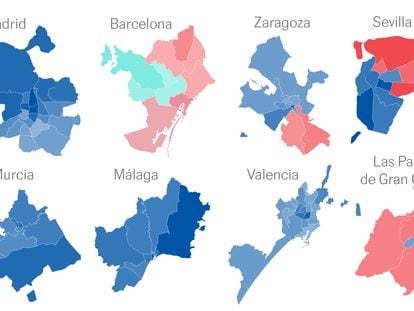 Los resultados de las elecciones municipales en cada distrito de Madrid, Barcelona, Valencia, Sevilla y otras grandes ciudades