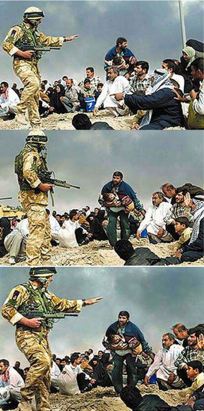 Montaje realizado por el fotógrafo Brian Walski, de 'Los Angeles Times'. Combinó con Photoshop las dos primeras imágenes, originales, en las que un soldado británico habla con civiles durante la guerra de Irak, para crear la tercera. Fue despedido.