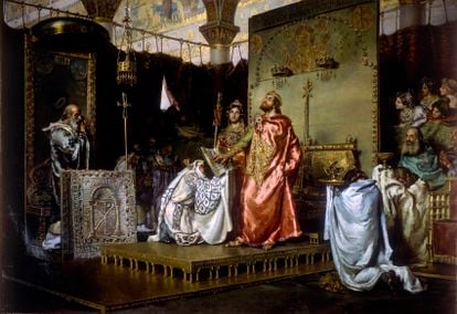 'La conversión de Recaredo', de Antonio Muñoz Degrain. El lienzo recoge el momento en que el rey godo abandona el arrianismo y se convierte al catolicismo, en Toledo en el año 589.