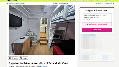 Anuncio en Idealista del alquiler de un piso en Barcelona, de 12 m² habitables, por 780 euros al mes.