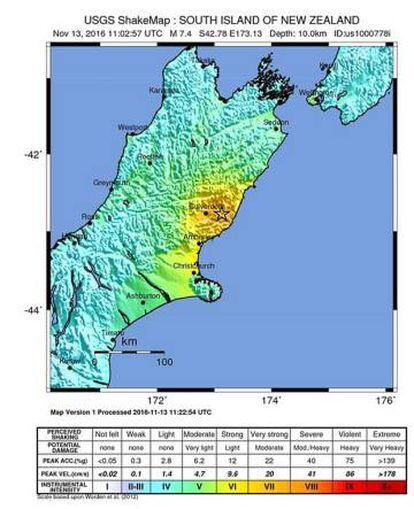 Mapa de la zona afectada pel terratrèmol distribuït pel Servei geològic dels Estats Units.