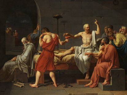 Sòcrates (pintat per Jacques-Louis David) no cobrava diners per les lliçons i es reien de la seva lletjor.