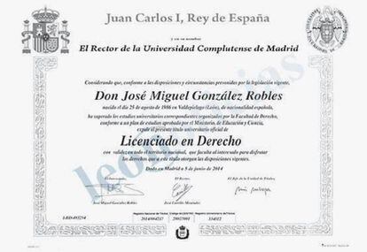 Imagen difundida por León Noticias del falso título aportado por González Robles.