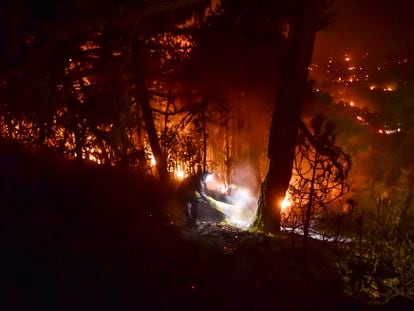 Un hombre usa agua para apagar un árbol en llamas, después del inicio de un nuevo incendio en la aldea de Senyayla cerca de Mugla, Turquía, el sábado por la noche.