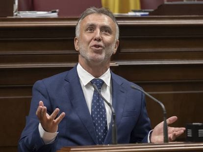 Ángel Víctor Torres, durante el debate de investidura en el Parlamento de Canarias.
