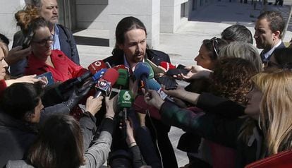 Iglesias comparece ante los medios tras su declaración en la Audiencia Nacional, el 27 de marzo de 2019.