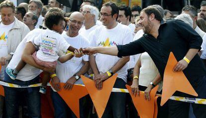 Oriol Junqueras en la manifestaci&oacute;n con motivo de la Diada de Catalu&ntilde;a, este viernes en la calle Meridiana de Barcelona. 