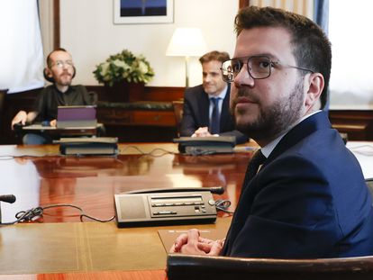 El presidente de la Generalitat, Pere Aragonès, este jueves en el Congreso de los Diputados, durante una reunión sobre el CatalanGate.