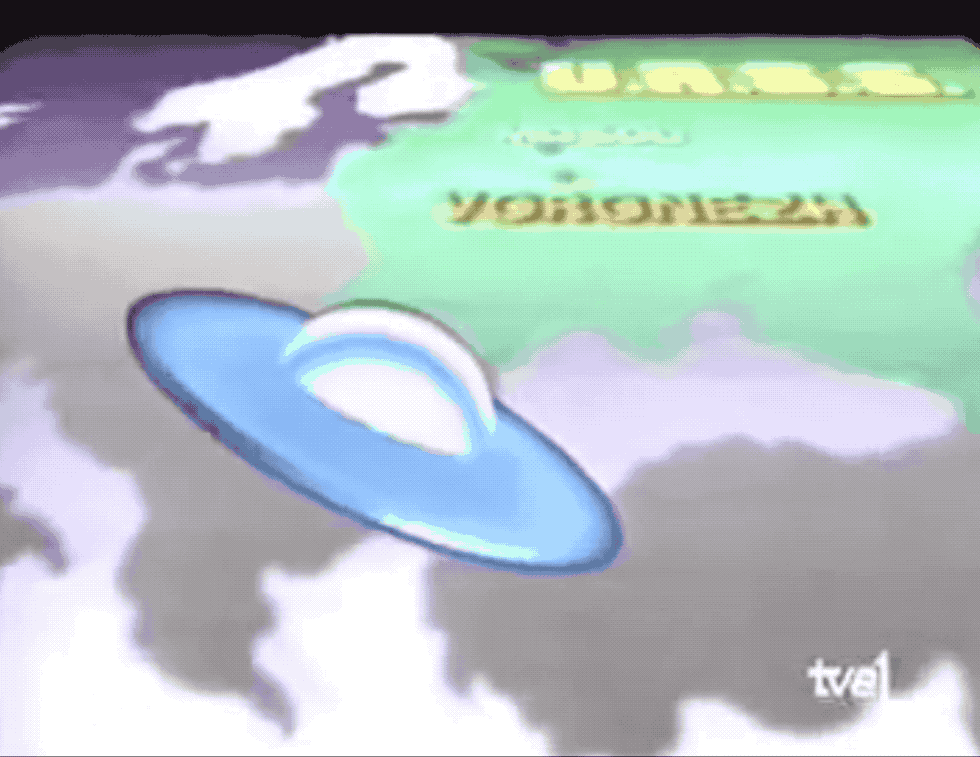Animación del Ovni, del Telediario de TVE1 del mediodía del 9 de octubre de 1989. El segmento puede verse completo <a href=