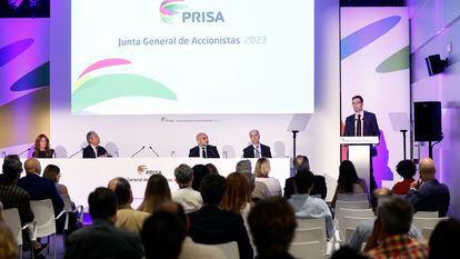 Joseph Oughourlian, durante su intervención en la Junta General de Accionistas de PRISA, celebrada este martes, en Madrid.