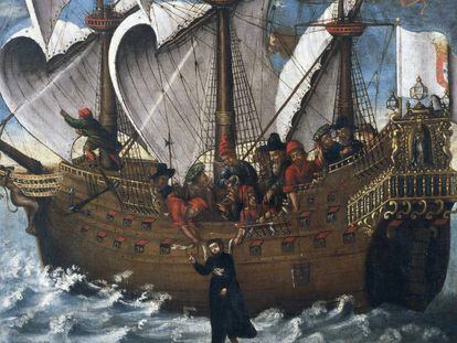 Pintura del siglo XVII del Museo de la Marina de Lisboa que recrea el milagro de san Francisco Javier en el Santa Cruz; en la ruta entre Macao y Japón.