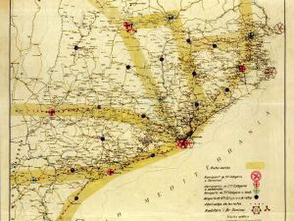 Mapa del Pla d'Obres que recull el pla d'aeroports que es va acabar de concretar el juny de 1936.