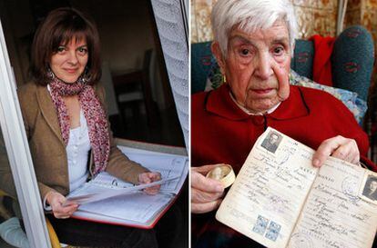 Mar Soriano (izquierda), con los documentos que ha reunido sobre su hermana. Y Julia Manzanal, de 95 años, con la cajita donde guarda un mechón de su hija, que perdió en una cárcel franquista.