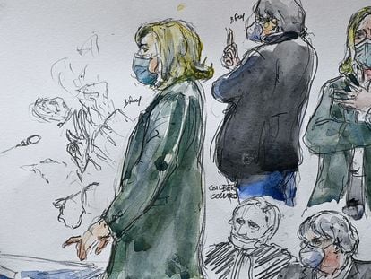 Dibujo de Marine Le Pen durante su comparecencia, este miércoles, ante el Tribunal de Nanterre.