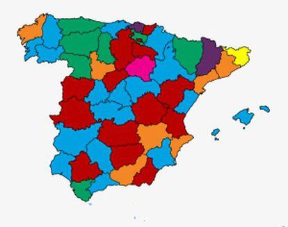 Orientación de las cuentas más tuiteadas en cada provincia: relacionada con el PP (azul), PSOE (rojo), Ciudadanos (naranja), UP-IU (verde) y Podemos (morado). En las provincias de Santa Cruz de Tenerife la cuenta más tuiteada estaba vinculada a UP-IP y en la de Las Palmas al PP.