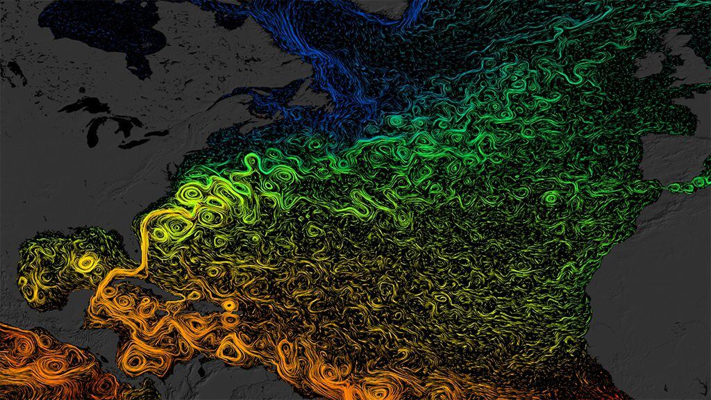 En la imagen, el complejo sistema circulatorio de las corrientes en el Atlántico norte. Los tonos anaranjados muestran aguas más cálidas y los verdes y azules las más frías.