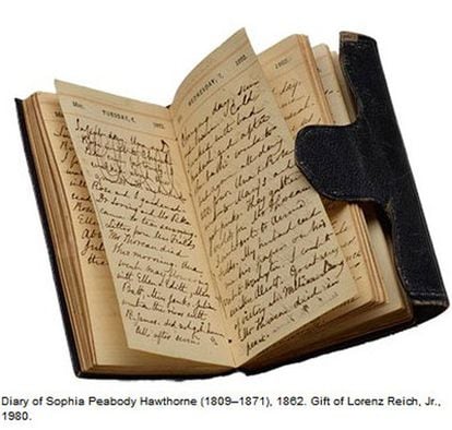 Diario de Sophia y Nathaniel Hawthorne, en las páginas correspondientes a 1862, de la exposición de The Morgan Library.