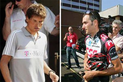 Jan Ullrich, a la salida del hotel donde estaba alojado en Estrasburgo. A la derecha, Ivan Basso caminando por una calle de la ciudad francesa.