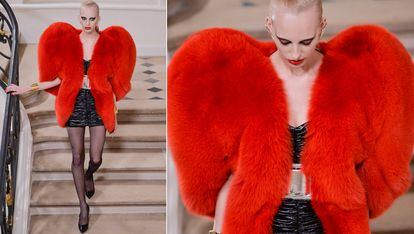 En la última colección de Hedi Slimane para Saint Laurent, el diseñador quiso plasmar su amor por París. Qué mejor manera de reflejarlo que a través de un gran corazón peludo en forma de abrigo, un look que cerró el show y que pronto se convirtió en lo más comentado del desfile.