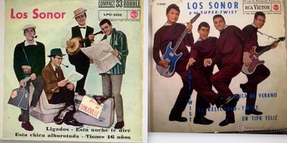 Manolo Díaz en dos portadas de discos de los sesenta de los pioneros Los Sonor. Díaz es el segundo por la derecha en la primera carpeta (con banjo), y el primero por la izquierda (con la guitarra azul) en la otra.